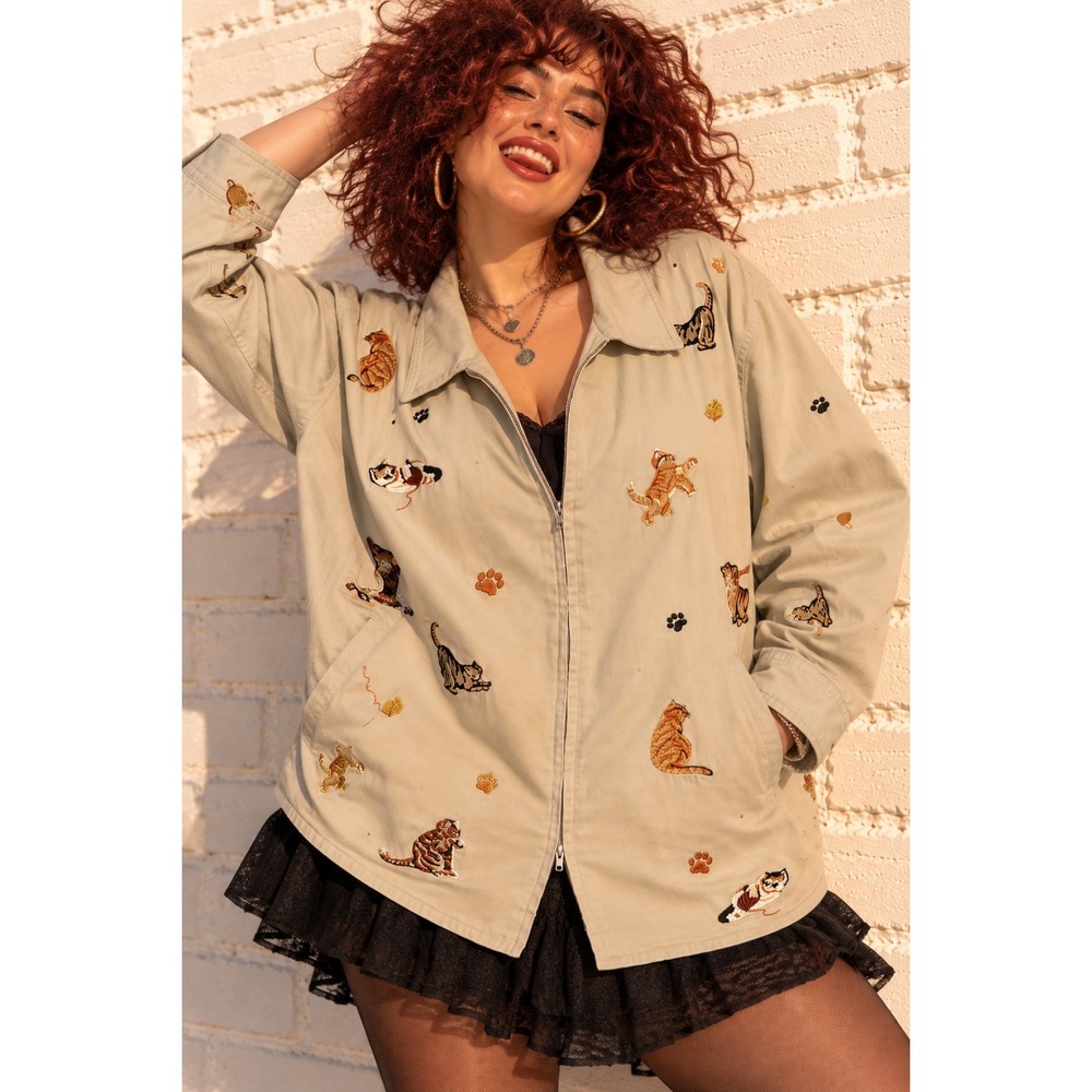 Vintage Quacker Factory Tan Cotton Embroidered Cat Zip Up Jacket Cat Mom 2X